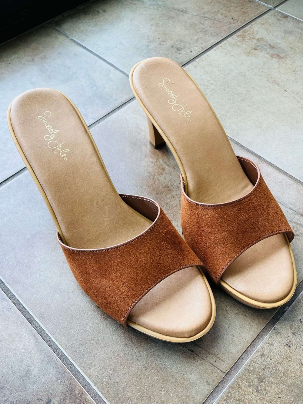 Women's Brown Suede Slide Heels - Sincerely Jules, Elora, Size 9.5